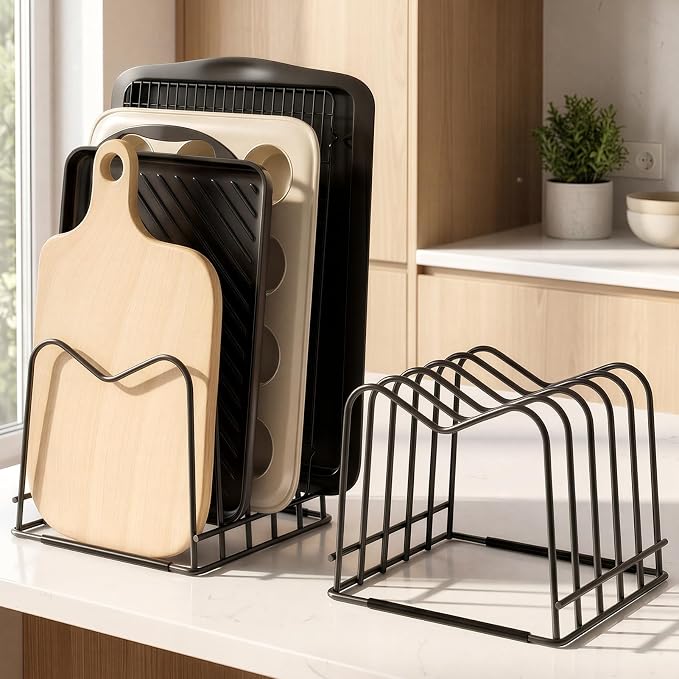 ORDORA 2 Pack Cutting Board Holder Stand Rack Organizer for Cabinet, 5mm Wire Storage Rack for Countertop, Baking Cookie Sheet Pan Organizer inside Cabinet, Chopping Board Holder for Pots and Skillets