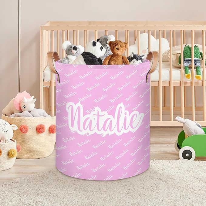 Personalized Laundry Basket, Custom Gift Laundry Hamper, Collapsible Nursery Waterproof Laundry Baskets, Dirty Clothes Toy Hamper with Handles Name Pink