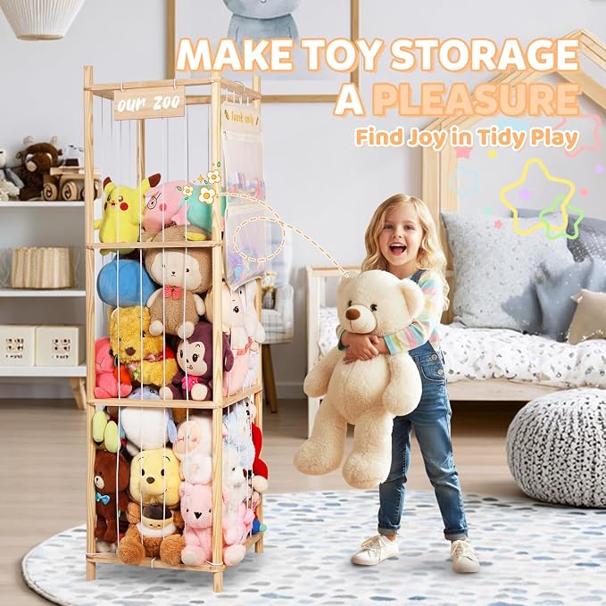 Stuffed Animal Storage Organizer, Large Wooden Zoo Toy Holder with Pockets, Plushie, Stuffy,Toy Storage for Kids Room, Playroom, Bedroom(Natural Large)