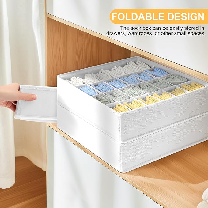 joyoldelf Sock Drawer Organizer Divider Underwear Organizer 24-cell Fabric Dresser Drawer Organizers Storage Boxes for Socks Lingerie, Handkerchiefs, Ties 4 Pack (White)