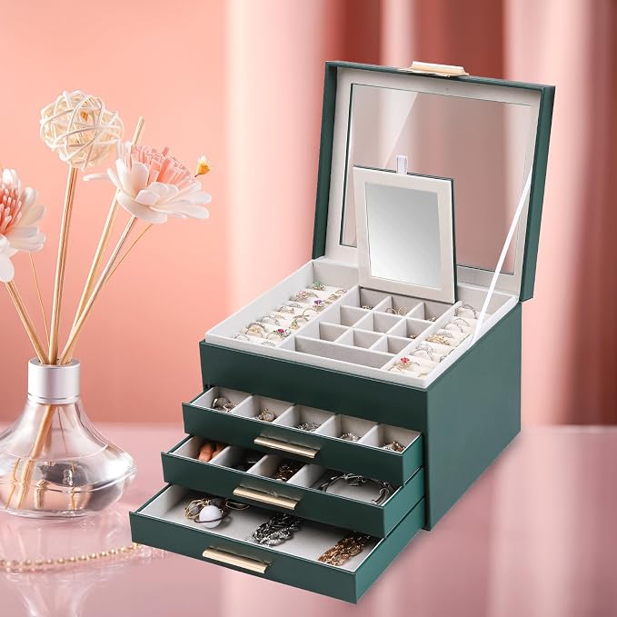 BOOVO Clear Lid Jewelry Box,3 Layers Jewelry Organizer Large Jewelry Storage Box with 2 Drawers,Jewelry Holder Organzier of Rings Earrings Necklace Bracelets for Women (Dark Green, 4 Layer)