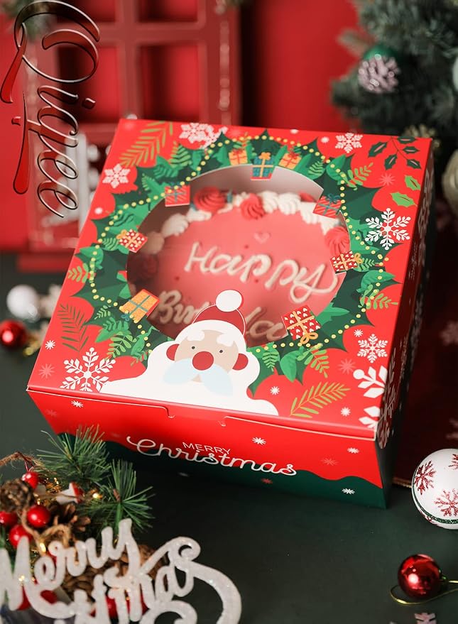 qiqee Christmas 10x10x5 inch Cake Box with Window Bakery Box 4pcs Pastry Box for Christmas's Day