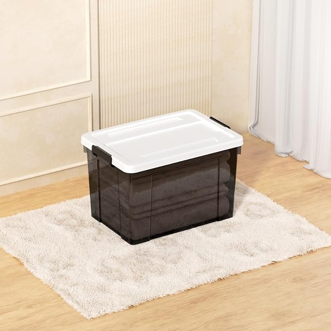 Cetomo Lidded Storage Bin with Handle, Tote Organizing Container with Wheels, Lid and Secure Latching Buckles, Stackable and Nestable, Plastic, 95 Quart-3 Pack, Clear Black