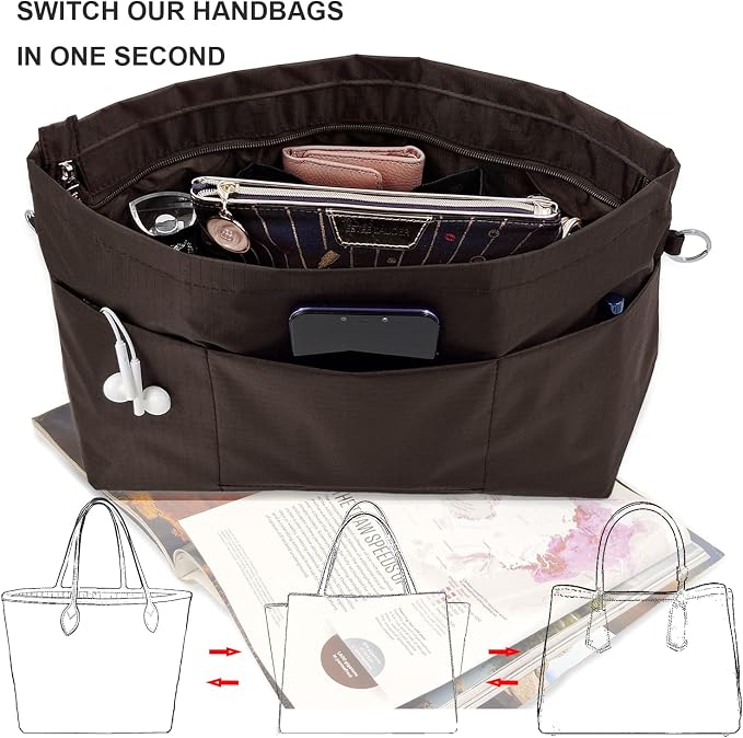 Handbag Tote Purse Organizer Insert, Large, Coffee | Bag Divider Liner Shaper Separator in Bag with Zipper, 11 Pockets Compartments