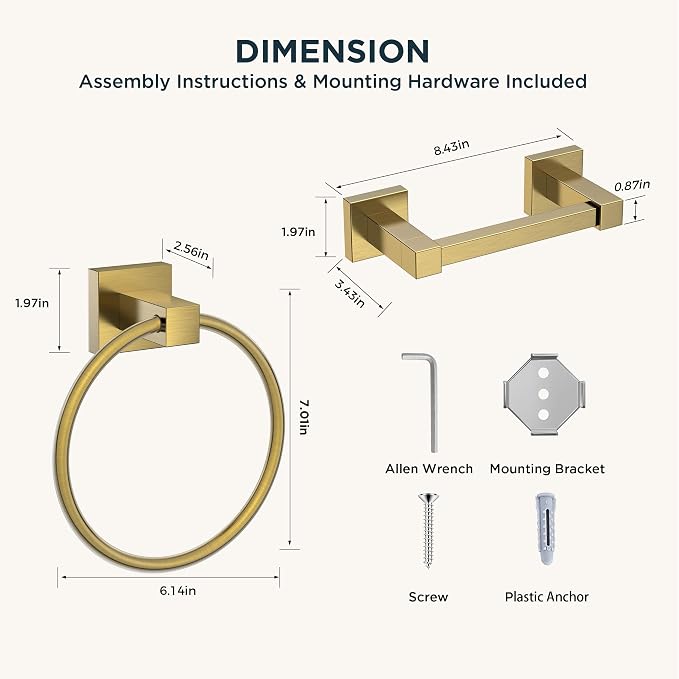 FORIOUS Toilet Paper Holder Wall Mount and Hand Towel Ring Set, SUS 304 Stainless Steel Double Post Pivoting Tissue Roll Holder, Modern Bathroom Hardware Accessories Set, Brushed Gold