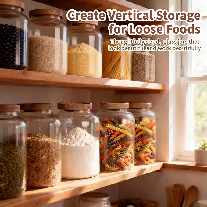 77L 2 PCS Large Glass Food Storage Jars with Airtight Lids, 4.2 Qt Wide Mouth Glass Canister Set for Pantry, Rice, Flour, Sugar, Cereal & Coffee