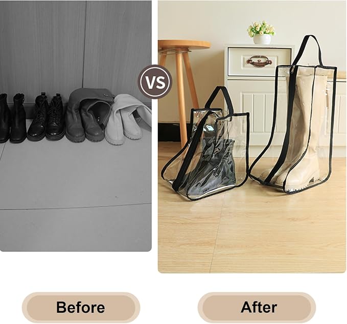 CiBiZi 2Pack Black Boot Bags Organizer for Travel Waterproof Cowboy Boots Bag Portable Shoe Travel Bag for Women Hangable Ski Boot Bag Dust-free Tall Boot Storage Bag (Clear )