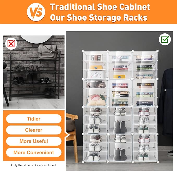 12Pcs 3-Layer Shoe Storage Box, Foldable Shoe Organizer Boxes Capable of Holding 72 Pairs, Plastic Shoe Organizer with Transparent Cover, Free Standing Shoe Rack Expandable for High Heels, Boots