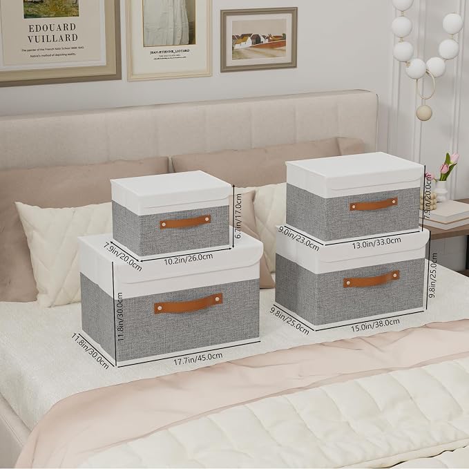Yawinhe Collapsible Storage Bins, Stackable Boxes with Lids, Cube Clothes Organizer Basket with Handles for Home, Grey and White, 10.2x7.9x6.7 In, 3-Pack, SNK024WGN-3