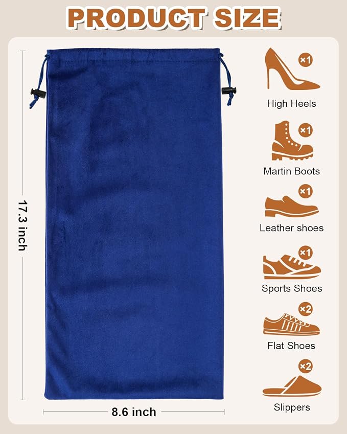 4 Pcs Single Shoe Bags for Travel, Velvet Bags, Palace Blue, 17.3x8.6 Inch | Washable & Reusable Travel Shoe Bags, Dustproof Shoe Bags with Drawstring Closure, Suitable for Travel, Home Storage