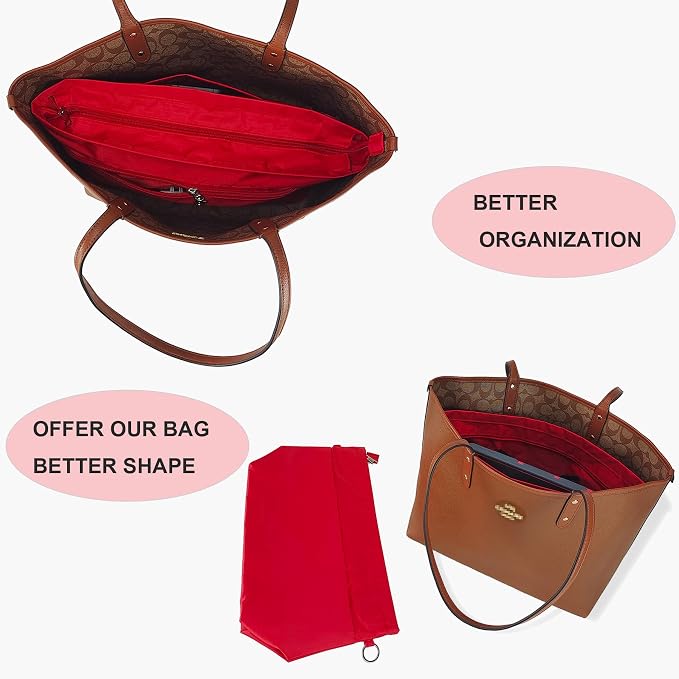 Handbag Tote Purse Organizer Insert, Large, Red | Bag Divider Liner Shaper Separator in Bag with Zipper, 11 Pockets Compartments