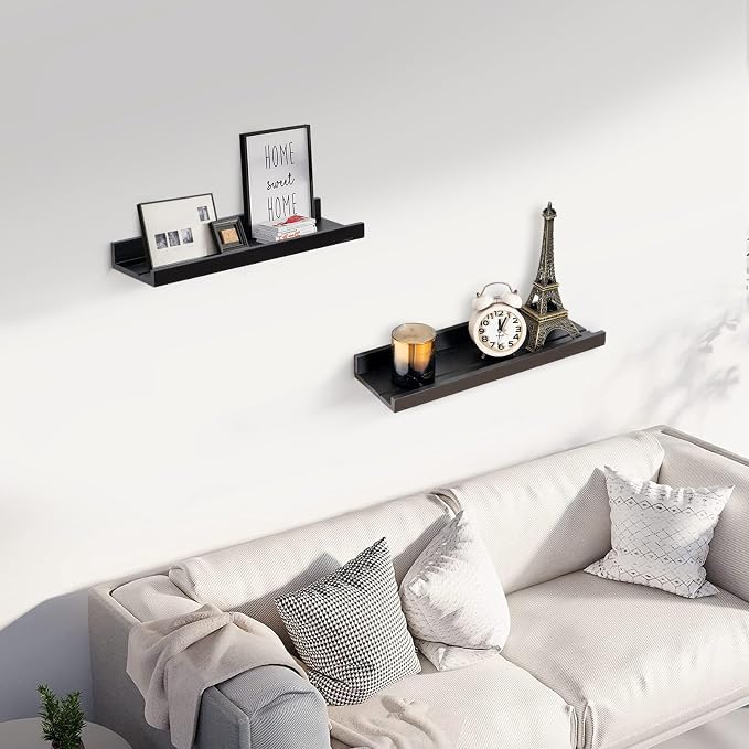 Muzilife 16" Floating Wall Ledge Shelves with Lip - Set of 2 Wood Floating Shelves - Black Wall Mounted Picture Ledge for Office, Bathroom, Bedroom, Living Room, Kitchen
