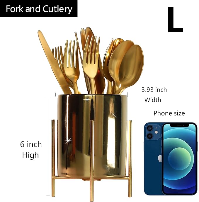 Sturdy Cutlery Holder Gold Ceramic With Metal Bracket Robust Silverware Caddy For Countertop - Spoon Holder Silverware Caddy