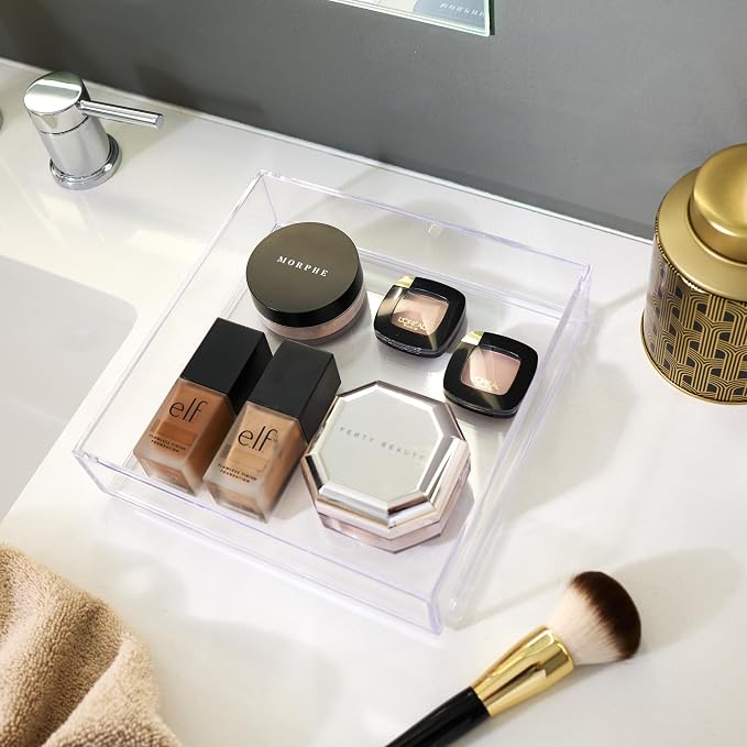 iDesign Stackable Makeup Drawer Organizer Tray, Set of 4, Clear | Vanity Organizer, Desk Organizer