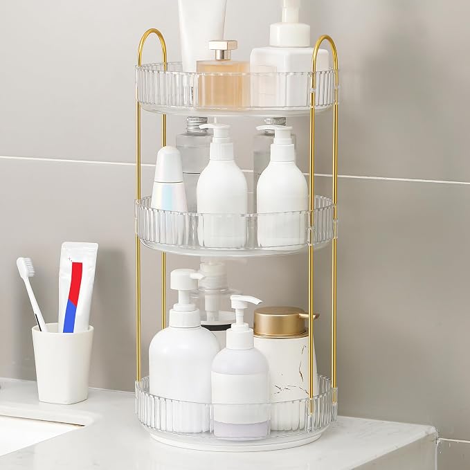 YCIA&DONE 360 Rotating Makeup Organizer and Storage for Vanity Countertop 3 Tiers, High Capacity Cosmetic Skincare Perfume Organizers for Dresser Bathroom Lazy Susan (Clear White)