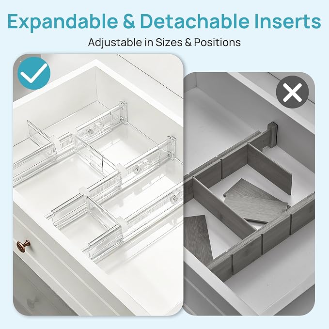 Vtopmart 2.36” Drawer Dividers with Expandable Inserts, 12.8"-22.3" Adjustable Kitchen Drawer Organizer, Clear Plastic Organizer Separator for Flatware, Utensil, Cutlery, 6 Dividers with 10 Inserts