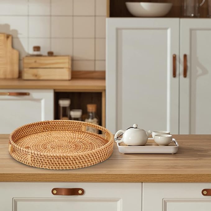 Round Rattan Serving Tray with Handles, Hand Woven Basket, Home Decor Organizer Tray for Breakfast, Tea, Snack, Fruit, Coffee,Storage (Medium)(11.9inchX1.7inch)