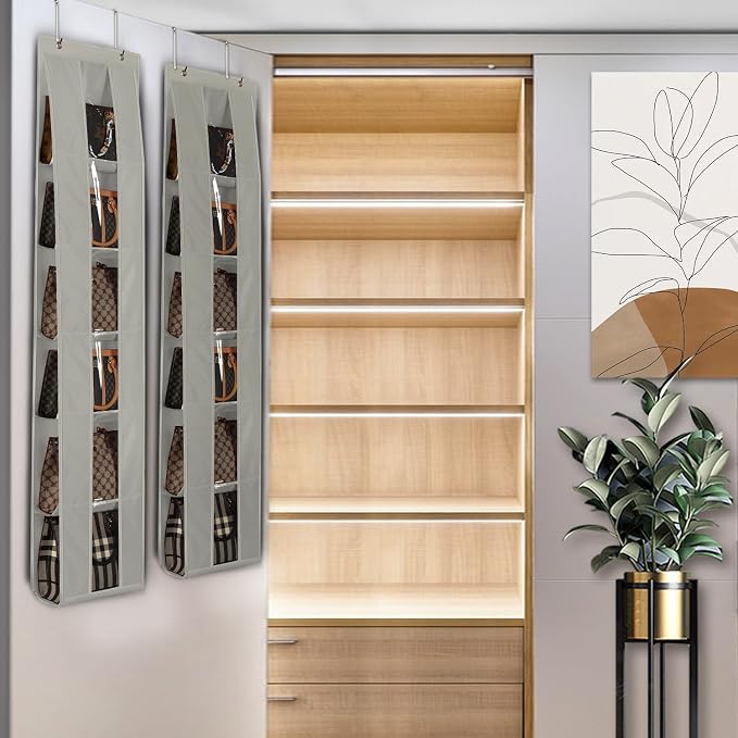 Lirex Over the Door Organizer, 2 Pack Handbag Storage with 6-Tier Space-Saving for Door or Closet, Handbag Hanger, Grey