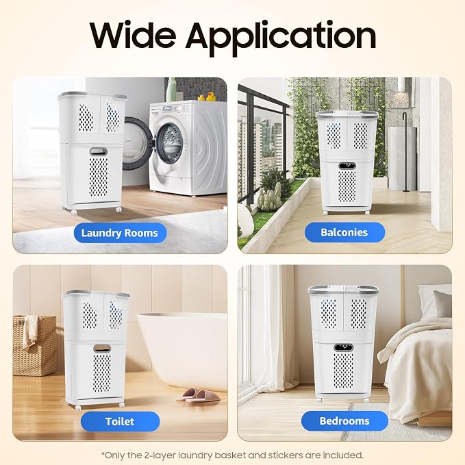 2 Tier Rolling Laundry Hamper Sorter Removable Clothes Hamper Organizer with Wheels White Portable Storage Baskets for Bedroom Laundry Room Bathroom
