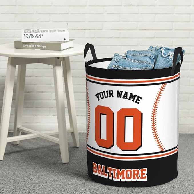 Custom Baltimore Laundry Hamper Personalized Laundry Basket Customized Name And Number Collapsible Storage Basket for Bedroom Bathroom Living Room Baseball Fan Gifts