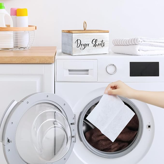 Bivvclaz Dryer Sheet Holder, White Washed Wood Laundry Sheets Container, Laundry Room Organization and Storage for Farmhouse Laundry Room Decor and Accessories, Fabric Sheet Holder