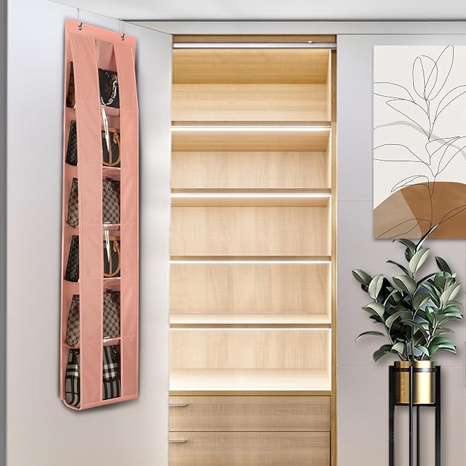 Lirex Over The Door Purse Organizer, Space-Saving Medium and Large Handbag Storage Organizer Clothing Closet Hanger, Light Pink