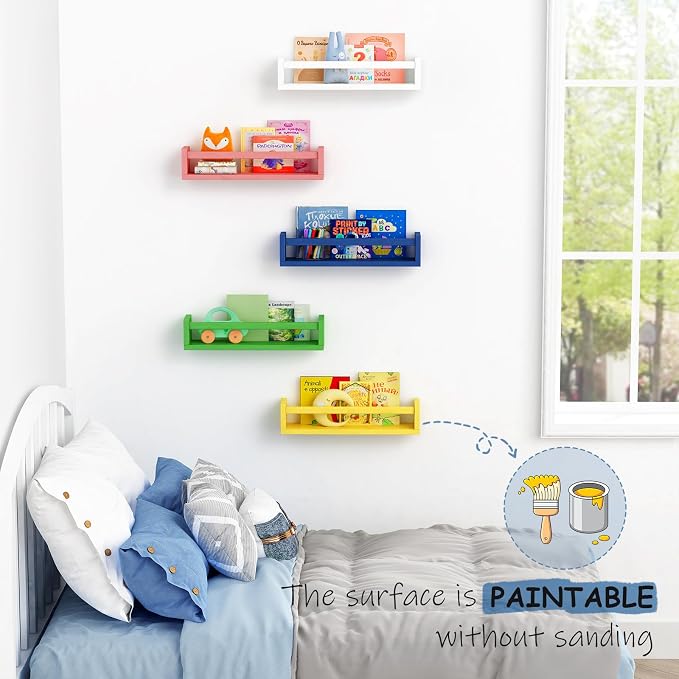 Harwaya Floating Nursery Book Shelves for Wall, Natural Wood Wall Bookshelf for Kids Room Bedroom, Small Wooden Hanging Baby Book Shelf and Toy Organizer for Nursery Girl Boy Toddler Child - Set of 3