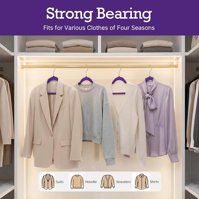 HOUSE DAY Noble-Purple Velvet Hangers 60 Pack, Non Slip Clothes Felt Hanger Heavy Duty for Coat, Premium Slim Space Saving Suit Hangers for Closet Organizer, 360° Rotating Silver Hook