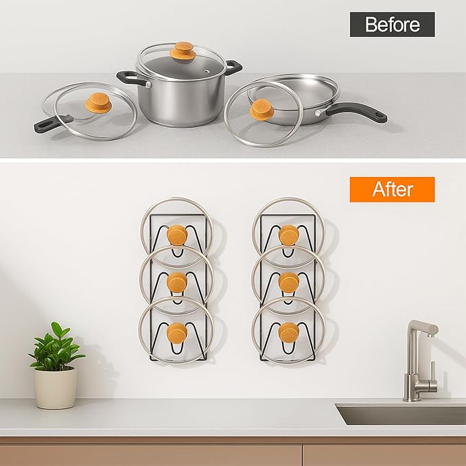 2 Pack Pot Lid Organizer Rack, 6-Tier Rustproof Pot Lids Organizer for Cabinet Door, No Drilling Pan Lid Organizers Door/Wall Mounted Pot Lid Holders for Kitchen Storage
