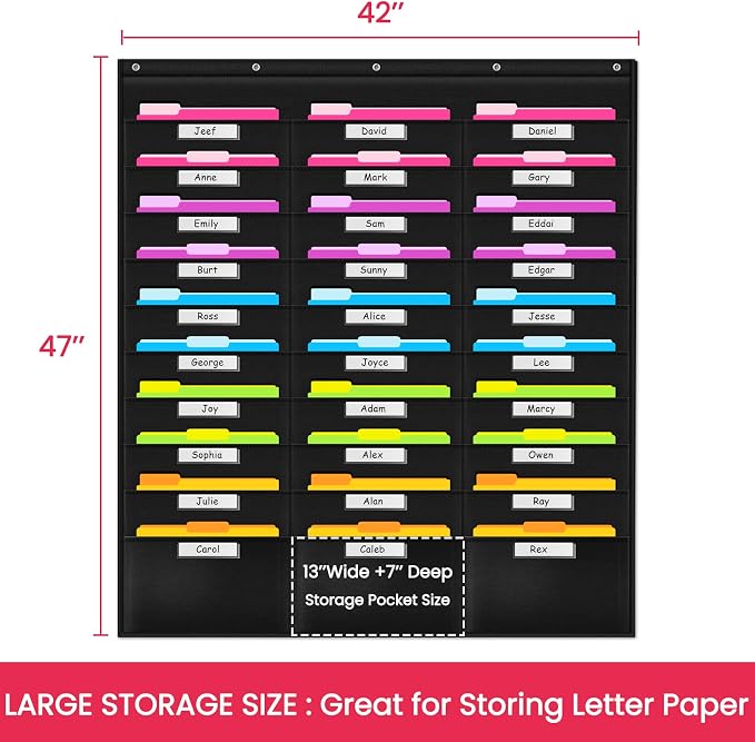 School Pocket Chart, 30 Signatory Pocket, Heavy Duty Hanging File Folders Pocket Chart Cascading Organizer & 5 Hangers Hooks, Perfect for Classroom, School, Office or Home Use
