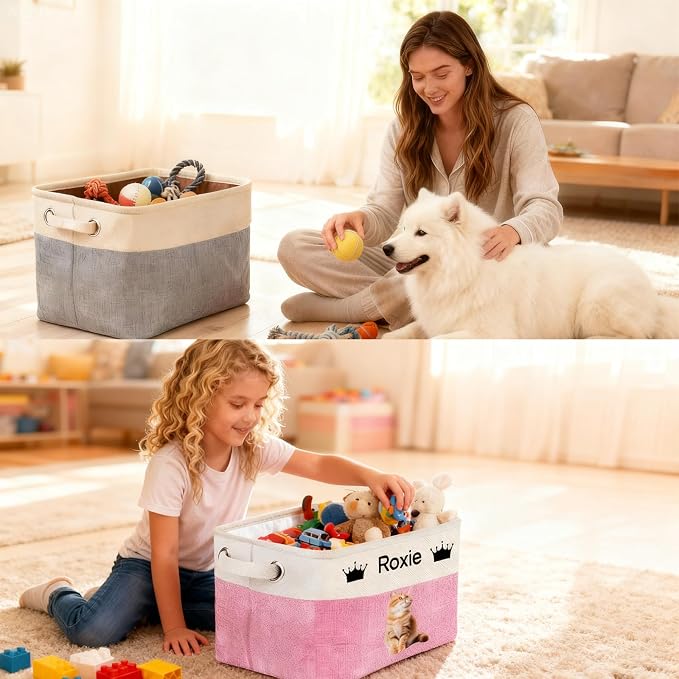 Customized Pet Toy Storage Basket - Personalized Dog & Cat Toy Organizer with Name, Foldable & Durable Fabric Bin for Pet Supplies, Organizer for Toys, Coats, Clothing, Blankets Blue