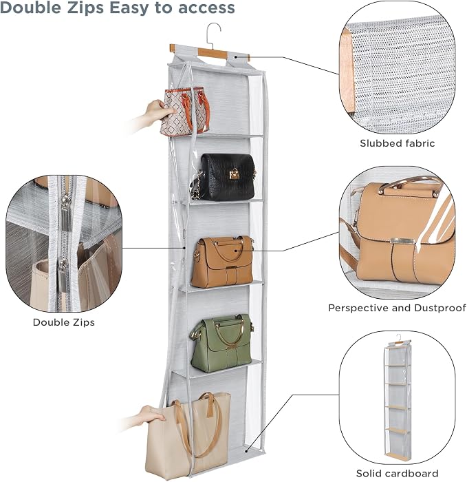 Syeeiex Hanging Handbag Purse Organizer with Zippers, 5 Mesh Shelves,Clear Slubbed Fabric+PVC Hanging Closet Bag Organizer, Dustproof Handbag Closet Tote Storage Bag for Door, Wardrobe, Shelf Rack