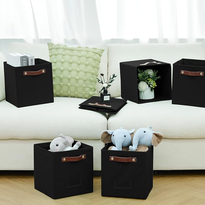 FinishingBo 6-Pack Storage Cubes with Handles & Label Holders Basket, Closet Cube Home Organizer Bins(Black, 10.5*10.5*11 inch)