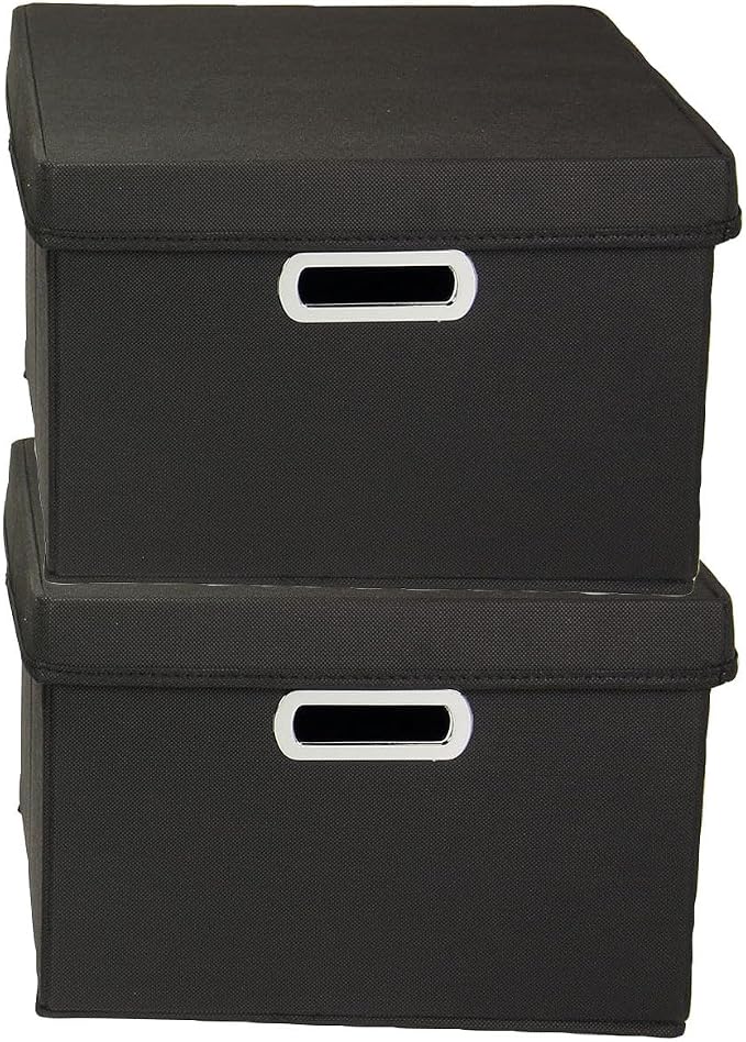 Household Essentials Fabric Storage Boxes with Lids and Handles, Black
