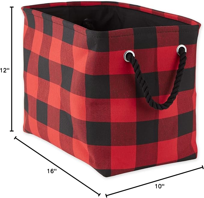 DII Buffalo Check Storage Collection Collapsible Bin with Handles, Medium Rectangle, 16x10x12, Red & Black