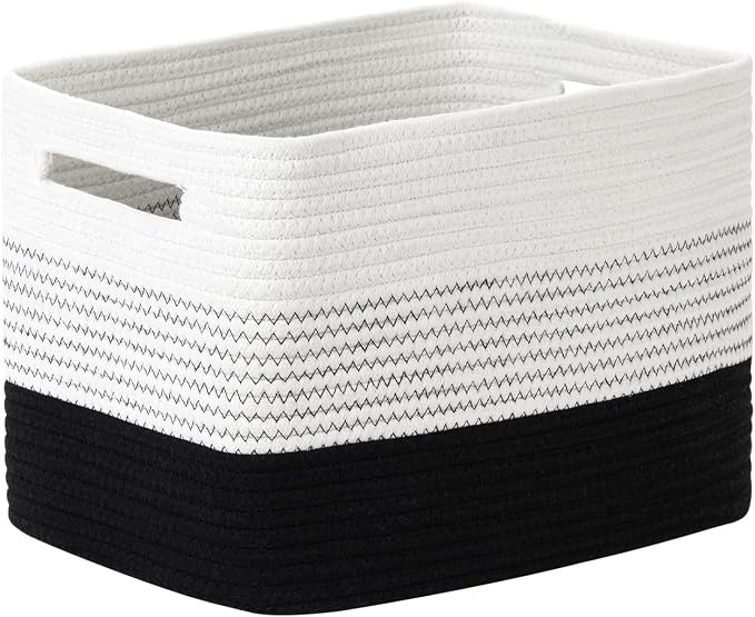 Temary Woven Storage Baskets, Set of 3 Rope Baskets for Storage Clothes, Towels, Versatile Boho Storage Bins (White&Black, 13"x9.8"x8.5")