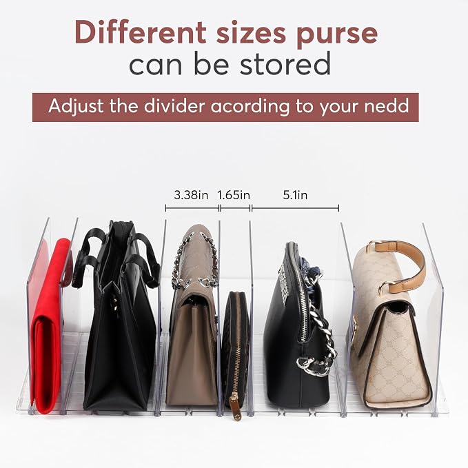 Plastic Purse Organizer Closet - Pack of 2 Handbag Organizer with Adjustable Dividers & Sturdy Base - Purse Storage Organizer for Closet, Space-Saving Handbag Storage Organizer for Shelves