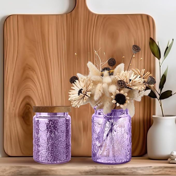 LemonRoad 2 Pcs Vintage Purple Glass Storage Jars 23.7 oz Mason Jar Canister with Wood Lids Food Storage Container for Cookie, Pantry, Candy Kitchen, Coffee, Tea, Flour, Sugar, Decorative Home Decor