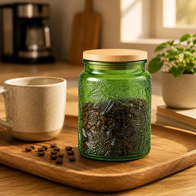 ANSQU Set of 2 Glass Jars with Lids, 23.7 FL OZ Vintage Glass Storage Jars, Cookie Jar Sugar Container for Kitchen Counter, Pantry, Candy Jar with Lid (Green, 2Pack)