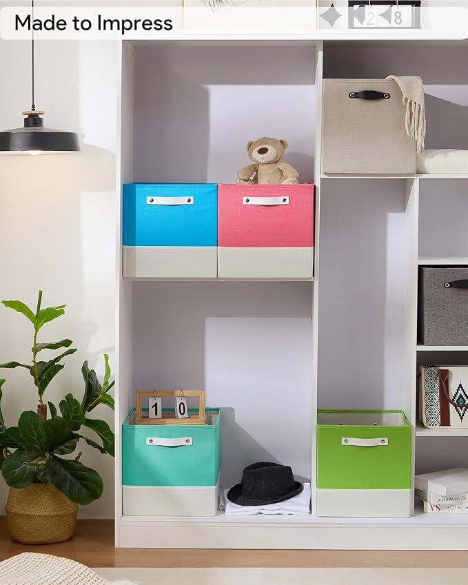Cube Storage Bins | 9.5"x9.5"x9.8", Macaron & White, 6 Pack | Multi-Size | 2X Thick Support Board | Vegan Leather Handles | 7.7 oz/yd² Fabric | 10"x10" Drawer Insert Basket