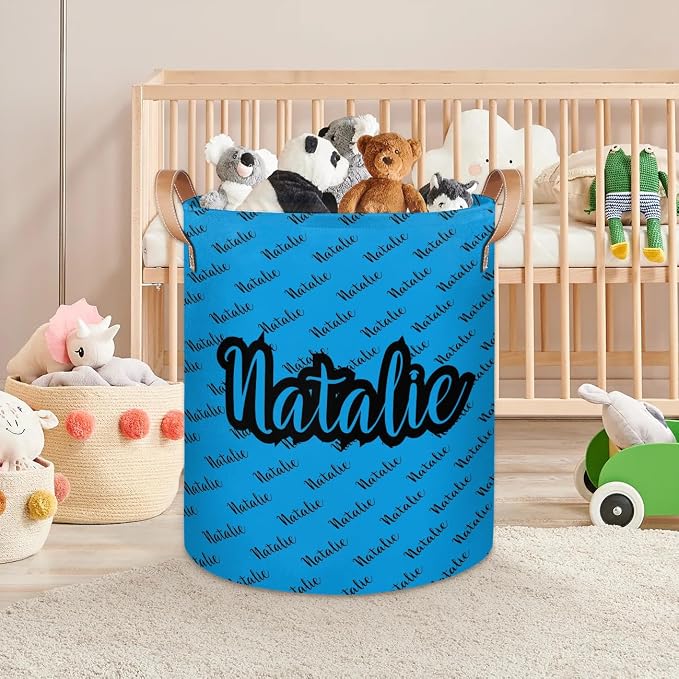 Personalized Laundry Basket, Custom Gift Laundry Hamper, Collapsible Nursery Waterproof Laundry Baskets, Dirty Clothes Toy Hamper with Handles Name Blue Black