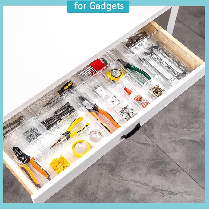 DCA 44 PCS Clear Drawer Organizer Set, 4 Sizes Vanity Trays | Cosmetic Display Cases | Bathroom & Vanity | Easy to Clean
