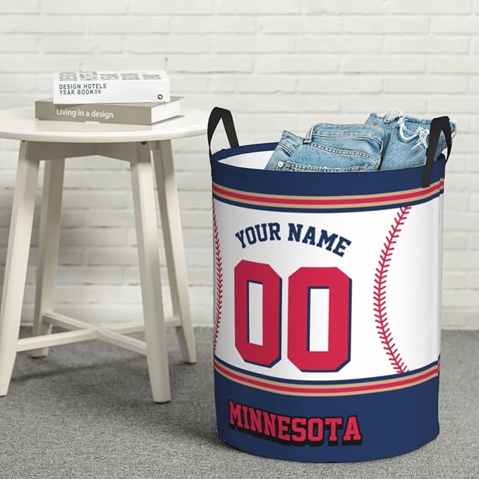 Custom Minnesota Laundry Hamper Personalized Laundry Basket Customized Name And Number Collapsible Storage Basket for Bedroom Bathroom Living Room Baseball Fan Gifts