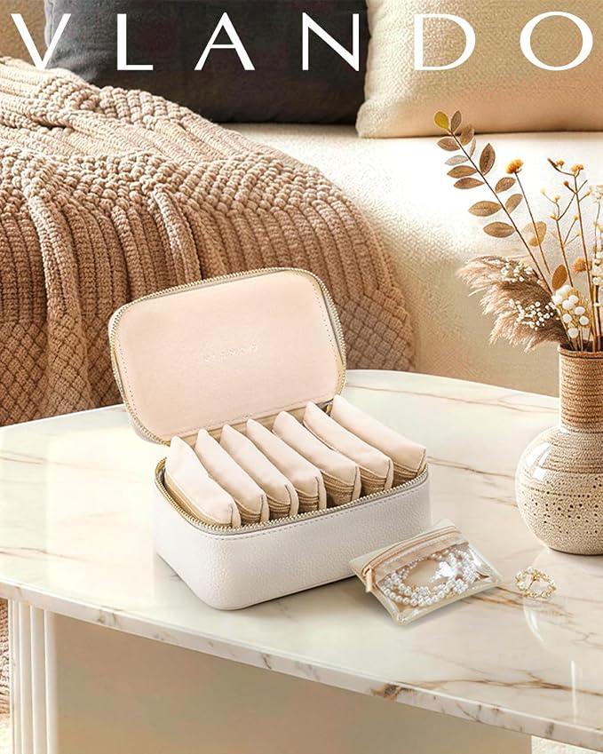 VLANDO Travel Jewelry Case with 8 Velvet Jewelry Bags Jewelry Travel Organizer Box for Girls Jewelry Box for Rings Earrings Brides Gifts Birthday Gifts for Women Teen(White)