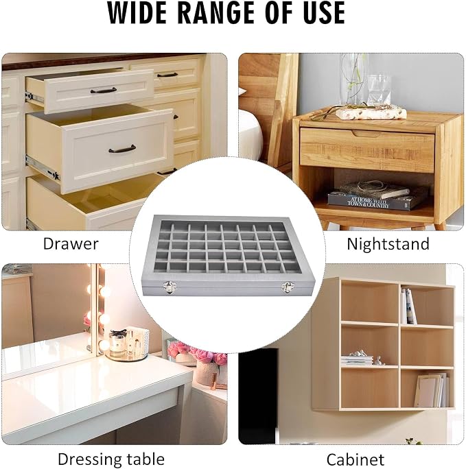 Siveit Jewelry Tray Organizer Box 48 Grid Jewelry Display Organizer Box with Transparent Lid Rings Earrings Necklaces Pendants Display Box Suitable for Women and Girls (48 Grid, Silver Grey)