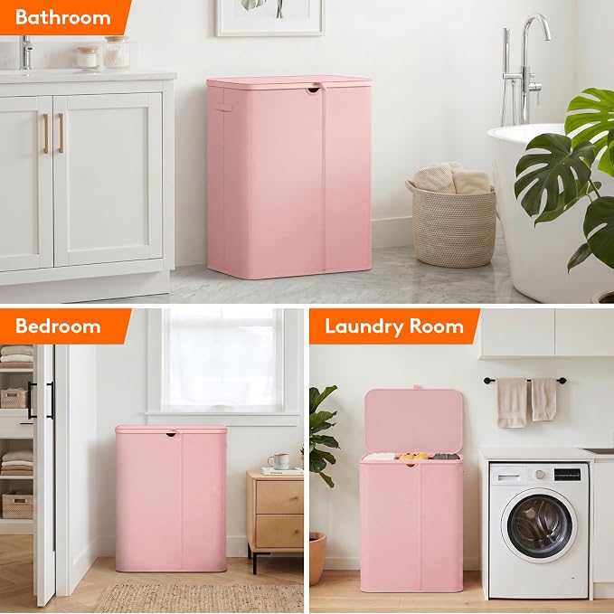 Lifewit 185L 3 Section Laundry Hamper with Lid, Large Laundry Basket with Handles and Removable Bags, Tall Clothes Hamper, Foldable Laundry Sorter for Bedroom Bathroom, Pink