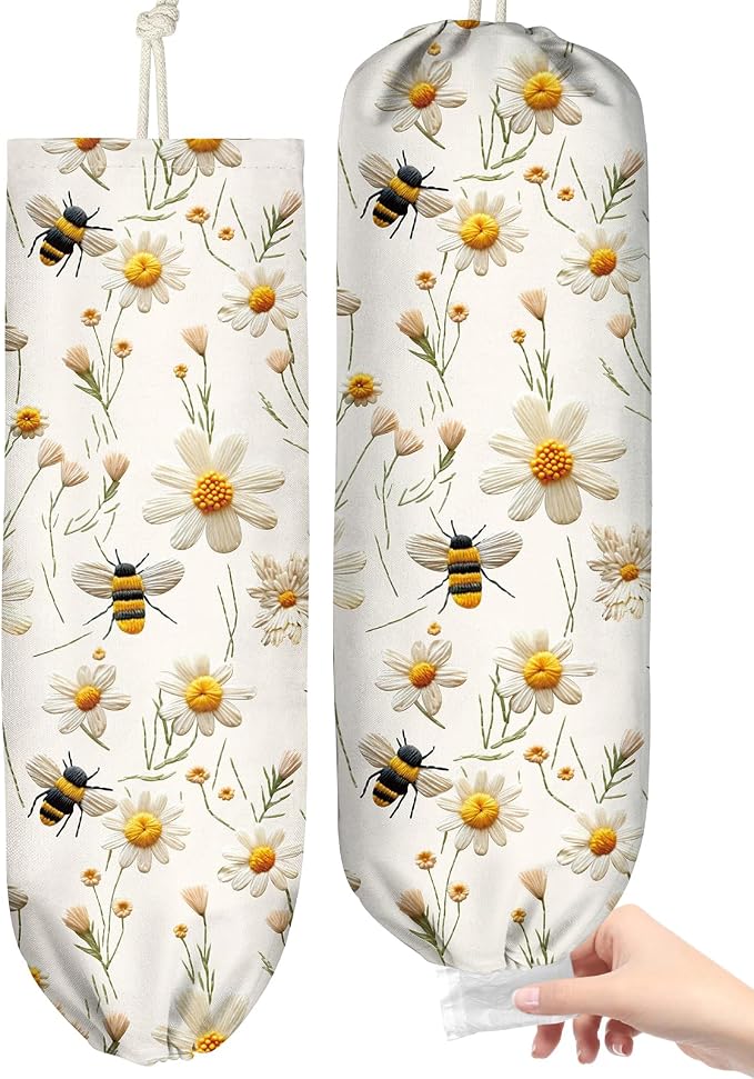 Plastic Bag Holder Organizer - 1 Pack Reusable Canvas Grocery Bags Holder Hanging Wall Cute Aesthetic Shopping Bag Storage Dispenser with Drawstring Closure for Kitchen Home, Flower Bee