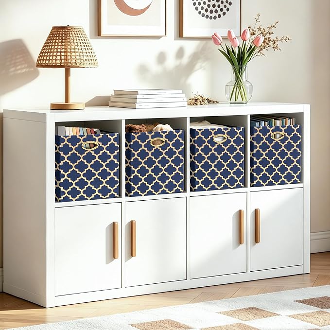 Posprica 11x11x11 Storage Cube Bins, Collapsible Storage Bins Fabric Storage Cubes Organizer Baskets Box Drawers for Shelves, Closet, Wardrobe, Bookshelf, Cabinet Blue/Gold Lantern, 4 Pack