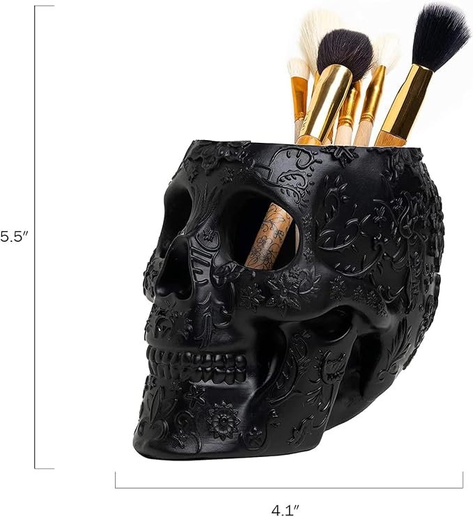 Skull Makeup Brush Holder, Pen Holder, Vanity, Desk, Office Organizer, Stationary, Decor Planter , Candy Bowl , Goth Decorations , Extra Large, Skulls Gothic Skull & Bones Organizer Bathroom (Black)