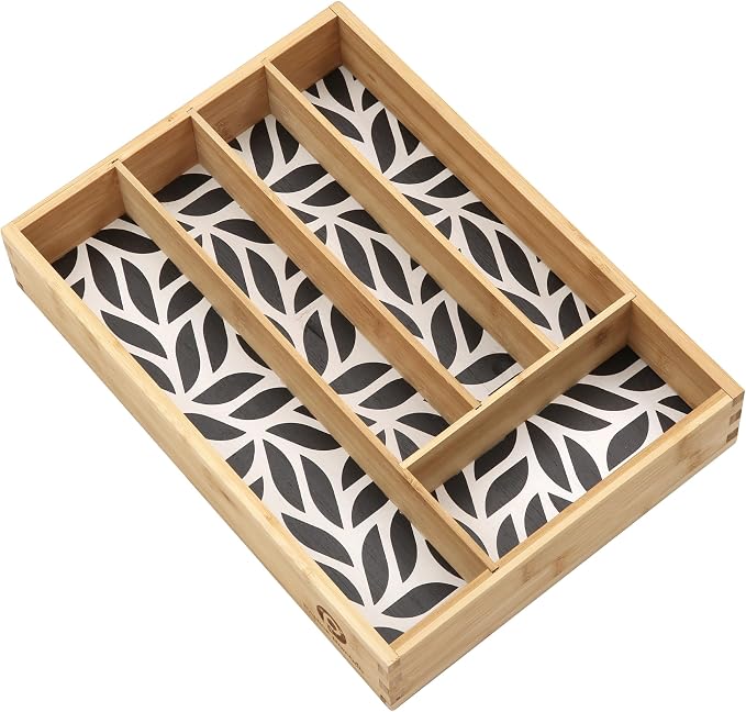 Pristine Bamboo Kitchen Drawer Organizer - Silverware & Utensil Organizer, 5-Slot, Geometric Print